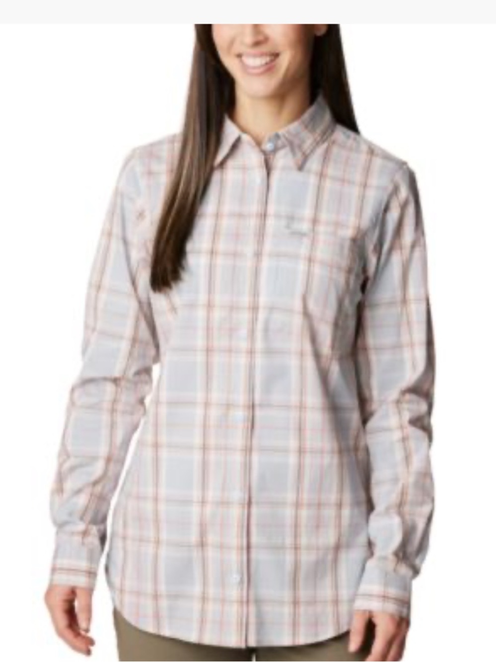 Columbia Women’s Plaid Button-Down Shirt in Light gray, pinks, creams